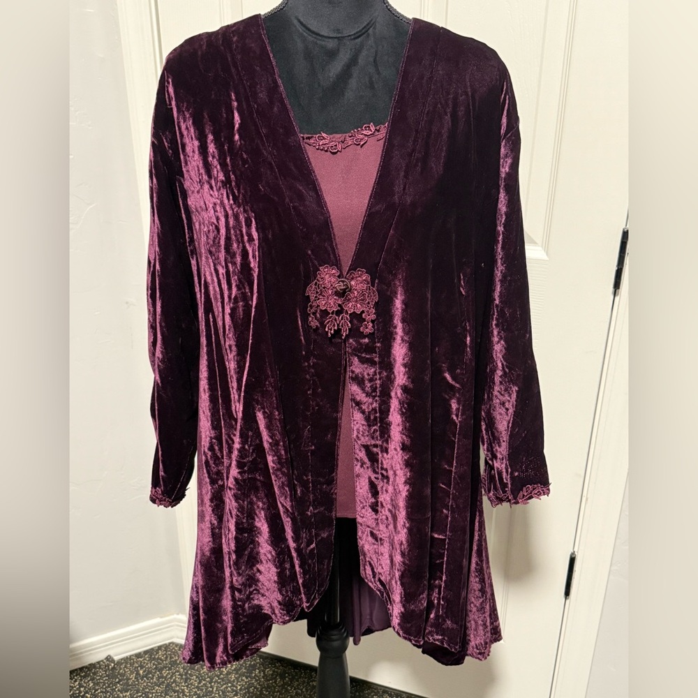 Margot Lea Deep Purple Velvet Crochet Lace Victorian Goth Jacket and Tank. XXL